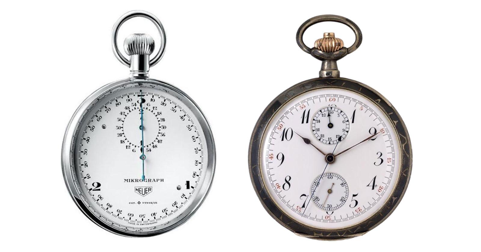 Heuer’s Mikrograph from 1916 on the left and a vintage Heuer pocket watch on the right.